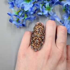 Vintage Crystal Studded Gold Plated Long Filigree Cocktail Ring
